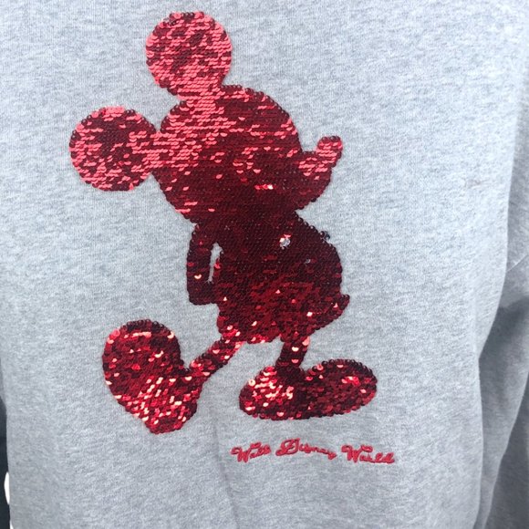 Disney Parks Walt Disney World Gray w/ Red Reverse Sequin Mickey Pullover Sz M - Picture 2 of 9